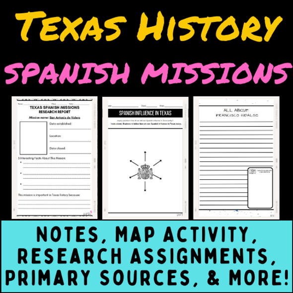 Texas History Spanish Missions Notes, Map, and Activities