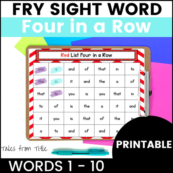 Fry's First 100 Sight Word Games: Four in a Row: Words 1 - 10 - Printable