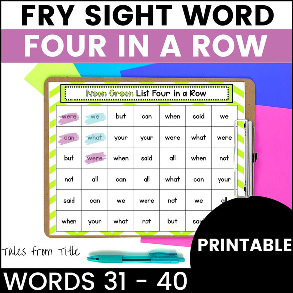 Fry's First 100 Sight Word Games: Four in a Row: Words 31 - 40 - Printable