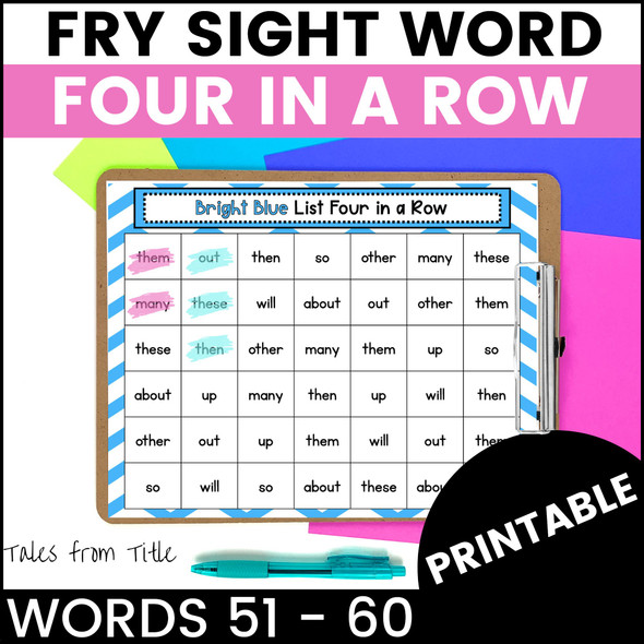 Fry's First 100 Sight Word Games: Four in a Row: Words 51 - 60 - Printable