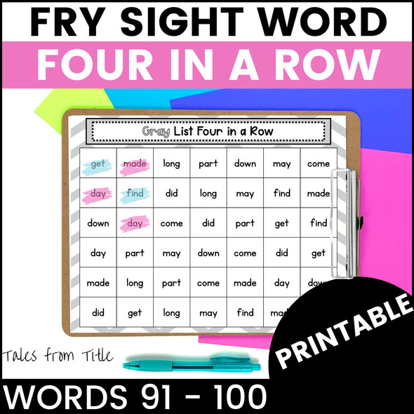 Fry's First 100 Sight Word Games: Four in a Row: Words 91 - 100 - Printable