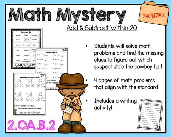 2.OA.2 2nd Grade Math Mystery Addition and Subtraction Within 20 2.OA.B.2