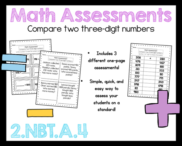 2nd Grade Math Compare Two Three-Digit Numbers Assessment 2.NBT.A.4