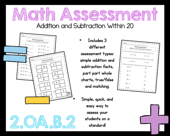 2nd Grade Math Addition and Subtraction Within 20 Assessment 2.OA.B.2