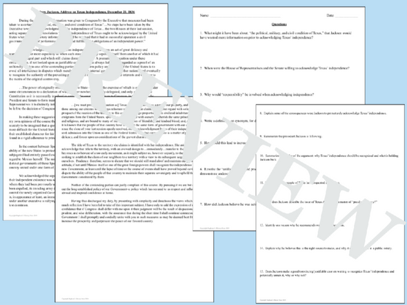 Andrew Jackson's Speech on Texas Independence