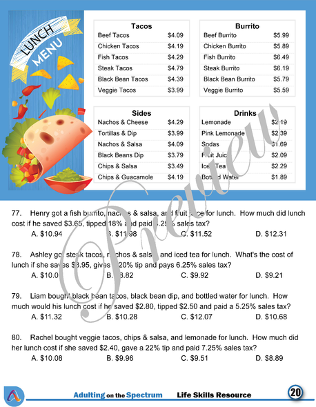 Functional Money Math Life Skills Worksheets - Reading Restaurant Menus Level 4