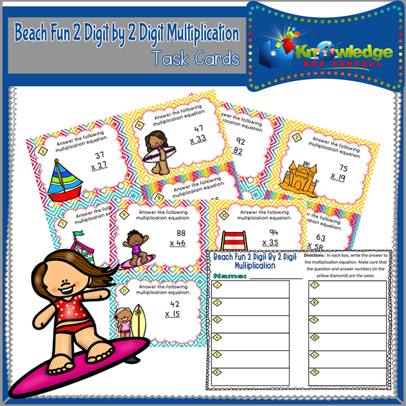 Beach Fun 2 Digit By 2 Digit Multiplication Task Cards With Response Sheet & Answer Key 