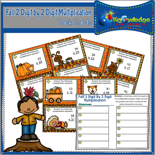 Fall 2 Digit By 2 Digit Multiplication Task Cards With Response Sheet & Answer Key 