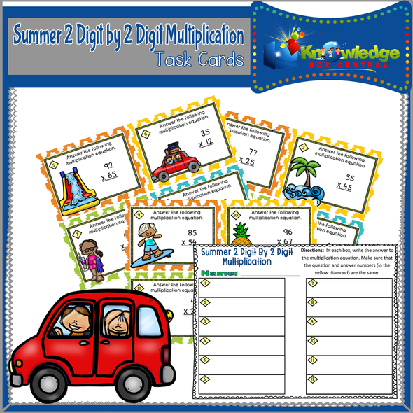 Summer 2 Digit By 2 Digit Multiplication Task Cards With Response Sheet & Answer Key 