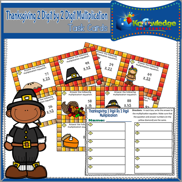 Thanksgiving 2 Digit By 2 Digit Multiplication Task Cards With Response Sheet & Answer Key 