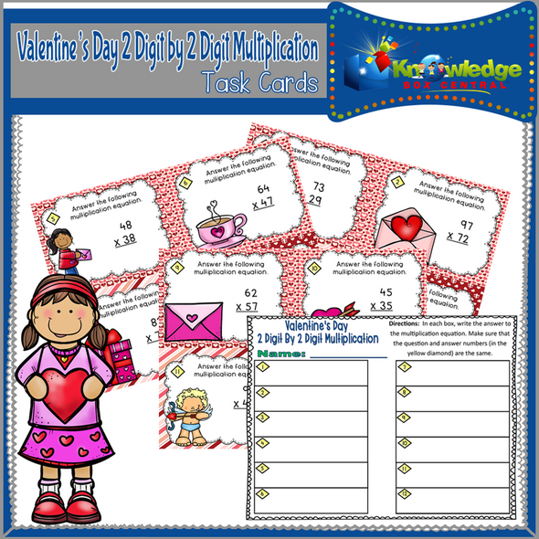 Valentine's Day 2 Digit By 2 Digit Multiplication Task Cards With Response Sheet & Answer Key 