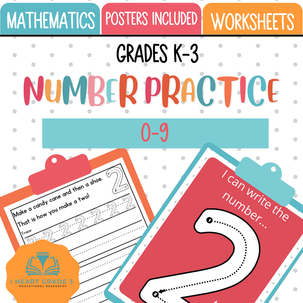 This versatile product can be used many ways inside your classroom. Colourful posters show how to make the numbers 0-9 properly and each number has a worksheet page with a little rhyme to help students remember how to make the number.
This product can also be used in a variety of academic situations and for students who need a little extra practice inn mastering their fine motor skills.