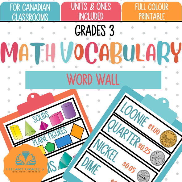 Any Canadian math teachers out there that are using Pearson - specifically Numbers? I do an like it A LOT but I find that it is missing a few special touches to make it more understandable and meaningful for my students. A math vocabulary word wall is one the them!
Not a Canadian teacher?  No worries!  This math vocabulary wall will work with whatever math curriculum you are working with! 
This file contains headings and illustrated vocabulary cards covering the following mathematical concepts:
* arithmetic
* geometry
* measurement
* statistics
* probability
* fractions
* graphing
* money
* place value
* rounding
* time
For best results, print onto cardstock and laminate!