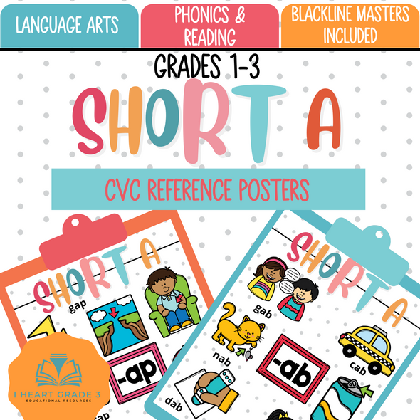 This file includes full coloured and blackline masters of the short a sounds for the following families:
•-ab
•-ad
•-ag
•-ak
•-al
•-am
•-an
•-ar
•-ap
•-as
•-at
•-ax
All items represented are VOWEL CONSONANT VOWEL words.
All backline masters are included.