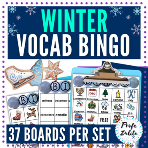 Winter Vocabulary Game BINGO Activity - 37 Boards Elementary / Newcomer