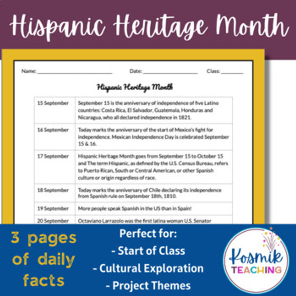 Daily Hispanic Heritage Month Facts for Spanish or Social Studies