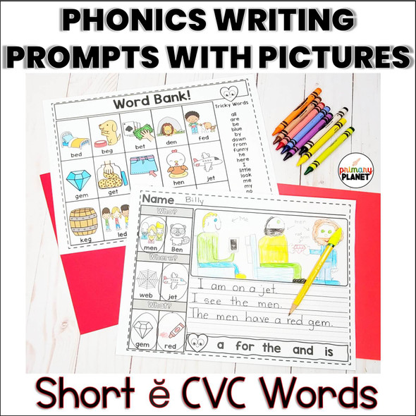 Short e Words CVC Phonics Picture Writing Prompts