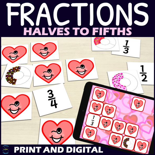 Valentines Day Common Fractions Activity - Matching Game - 1/2s - 1/5s