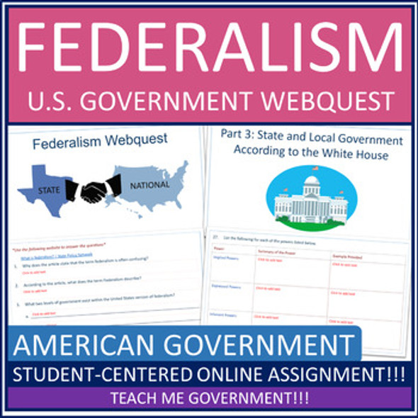 Federalism in American Government Webquest Printable Worksheet or Google Slides