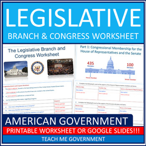  Legislative Branch & Congress American Government Printable Worksheet or Google