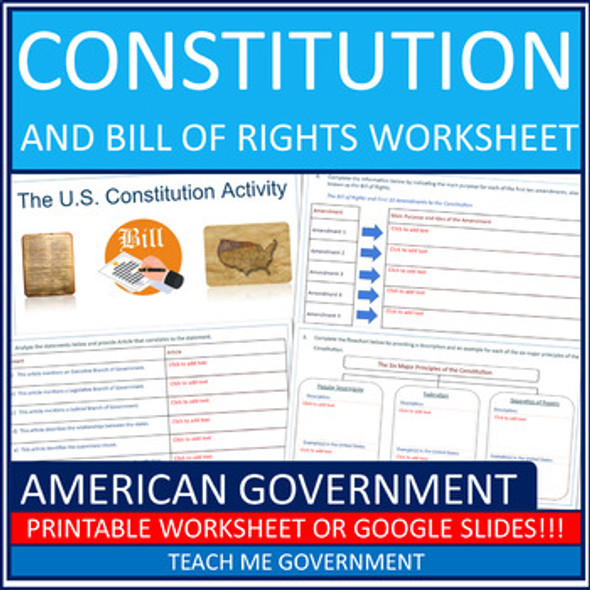  Constitution & Bill of Rights Government Worksheet Printable or Google Slides