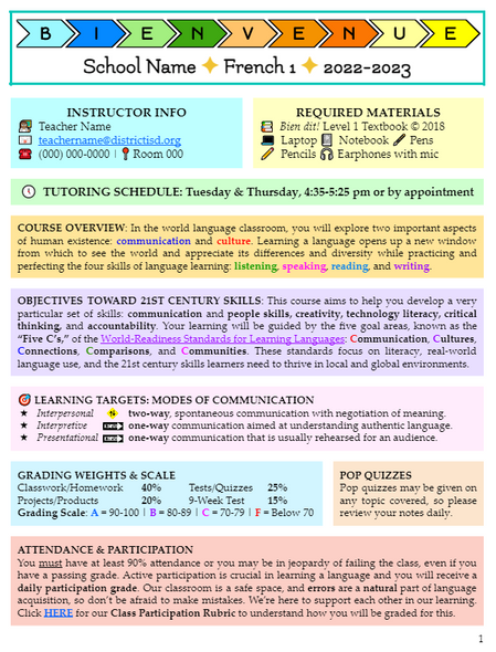 French Syllabus - Editable Templates