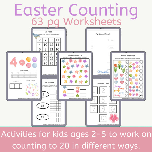 Easter PreK/Kindie Counting Worksheets with Eggs, Flowers, and Baby Animals