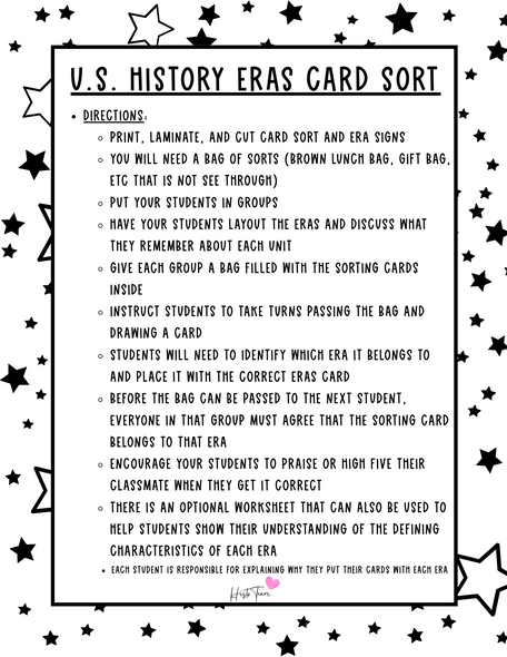 US History Eras Card Sort Mystery Bag Activity 1492-1877