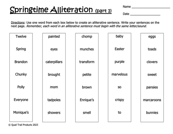 Springtime Alliteration Worksheets