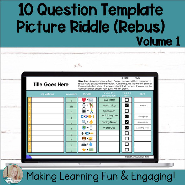 Editable Picture Riddle Template - Self-Checking Self-Grading Digital Activity 10 Questions Volume 1