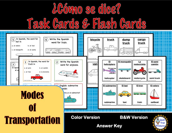 Spanish Flash Cards and Task Cards - Transportation Theme