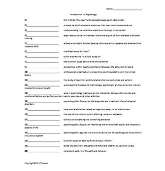 Psychology Vocabulary Quiz or Worksheet Review Bundle