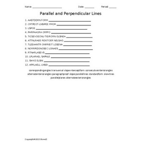 Parallel and Perpendicular Lines in Geometry Vocabulary Word Scramble