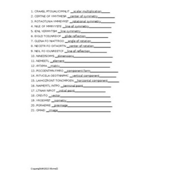 Properties of Transformations in Geometry Vocabulary Word Scramble