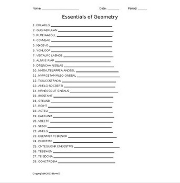 Essentials of Geometry Vocabulary Word Scramble
