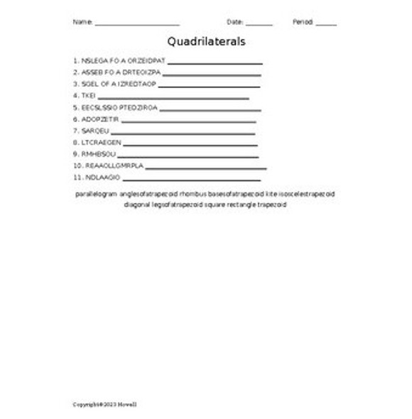 Quadrilaterals in Geometry Vocabulary Word Scramble