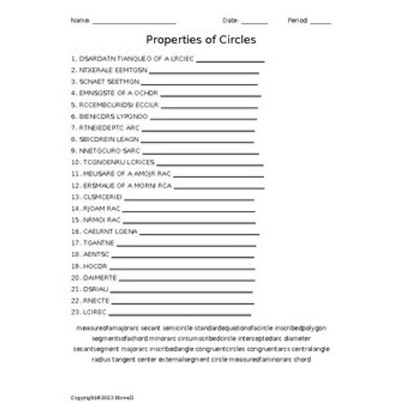 Properties of Circles in Geometry Vocabulary Word Scramble