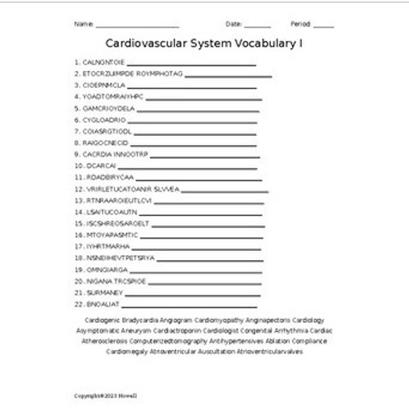 Cardiovascular System Vocabulary I Word Scramble for Medical Terminology