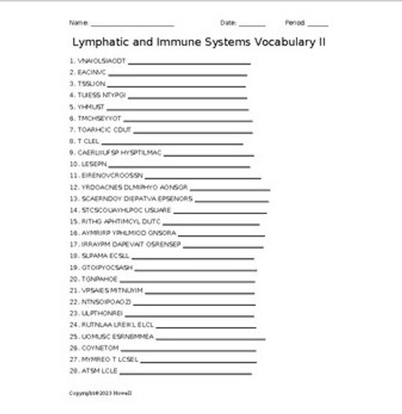 Lymphatic and Immune Systems II Word Scramble for a Medical Terminology Course