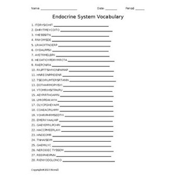 Endocrine System Word Scramble for a Medical Terminology Course