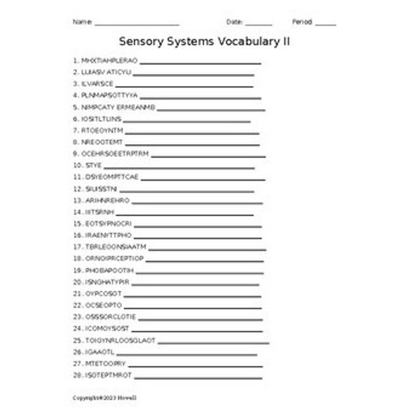 Sensory Systems Vocabulary II Word Scramble for Medical Terminology