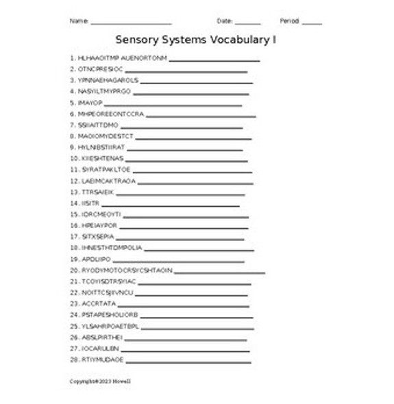 Sensory Systems Vocabulary I Word Scramble for Medical Terminology