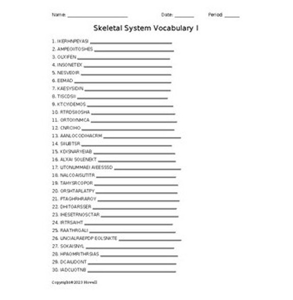 Skeletal System Vocabulary I Word Scramble for Medical Terminology
