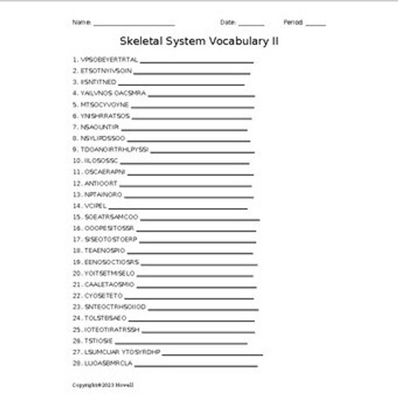 Skeletal System Vocabulary II Word Scramble for Medical Terminology