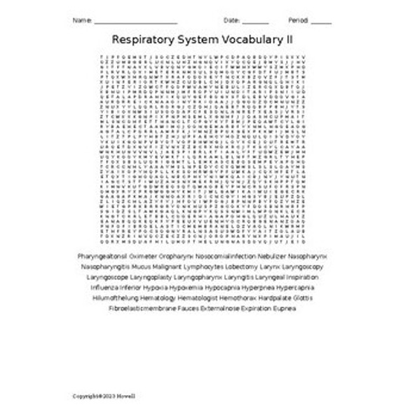 Respiratory System II Word Search for a Medical Terminology Course