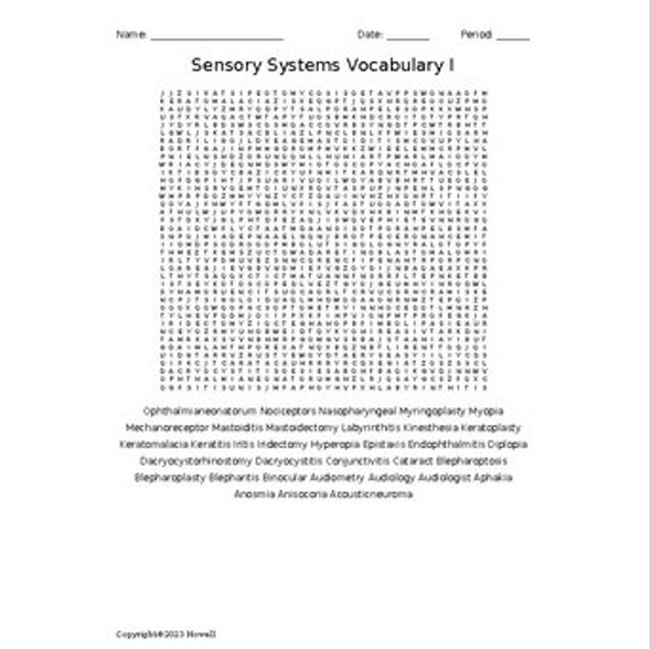 Sensory Systems Vocabulary I Word Search for Medical Terminology