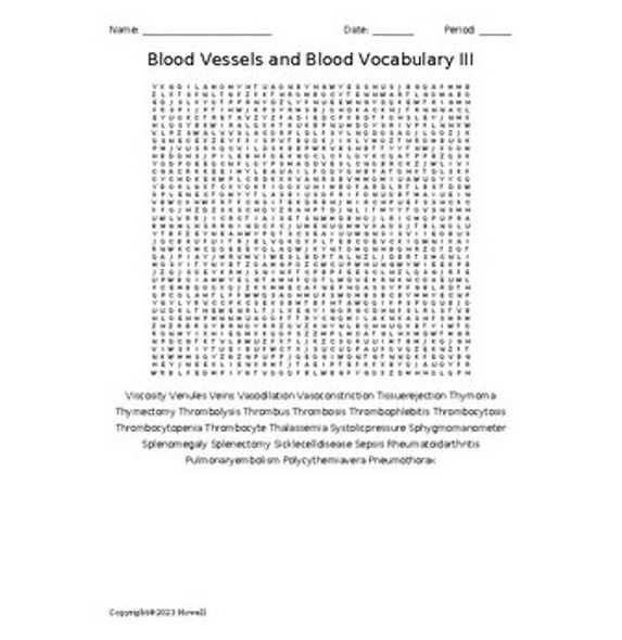 Blood Vessels and Blood Vocabulary III Word Search for Medical Terminology