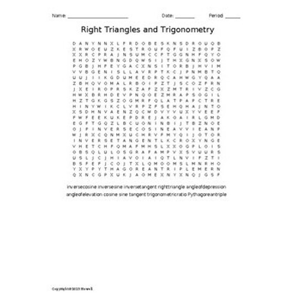 Right Triangles and Trigonometry in Geometry Vocabulary Word Search