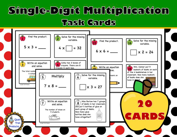 Single-Digit Multiplication Task Cards - School Theme