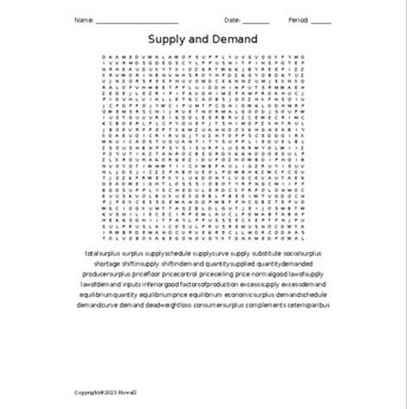 Supply and Demand Vocabulary Word Search